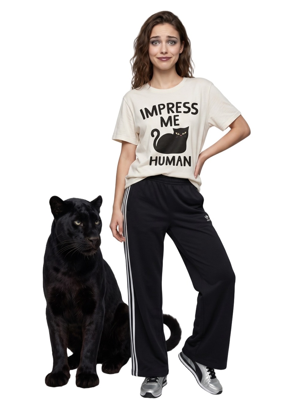 WOUND UP White Crew neck Impress Me Human T‑Shirt with Surly Black Cat Graphic